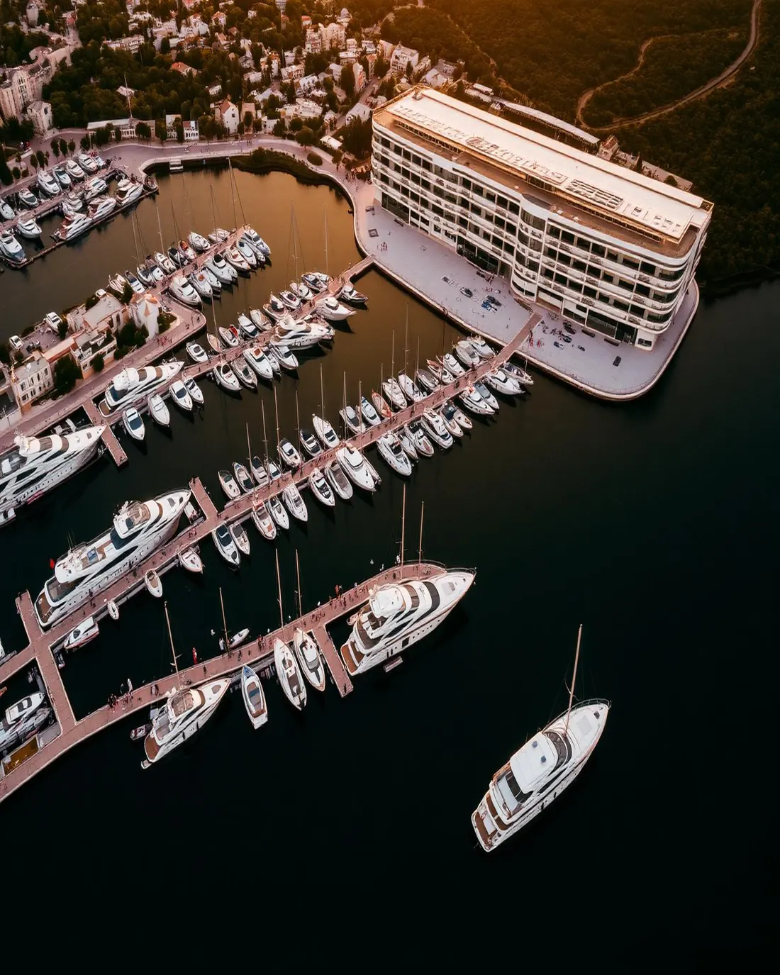 Aerial view of Marina de Vilamoura at golden hour